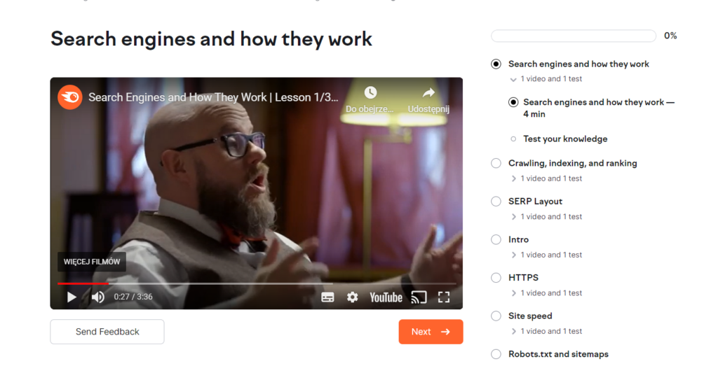 Jak działają wyszukiwarki - screen z kursy Semrush